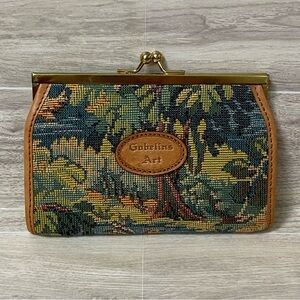 VTG GOBELINS ART / Tapestry Coin Purse Leather Trim and Gold tone Kiss Clasp